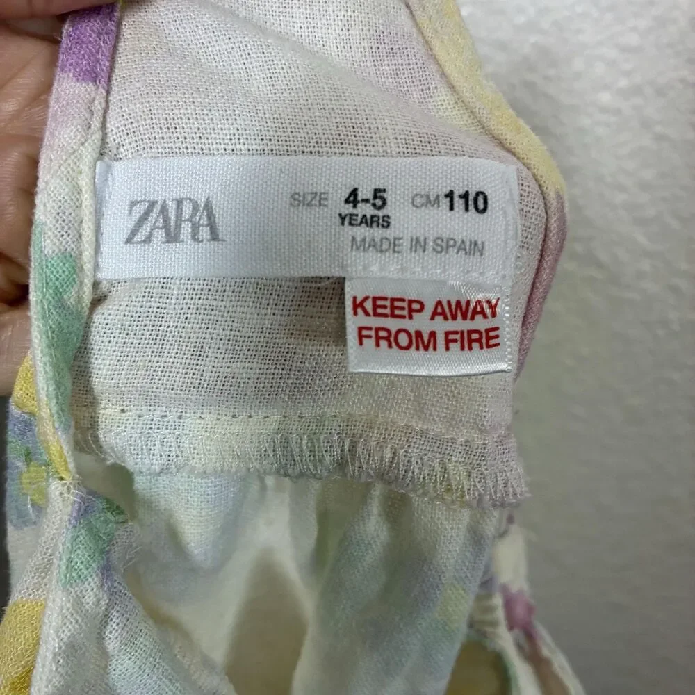 Zara Spain Jumpsuit Girls 5 Yellow Floral Linen Blend Tie Strap Summer One Piece